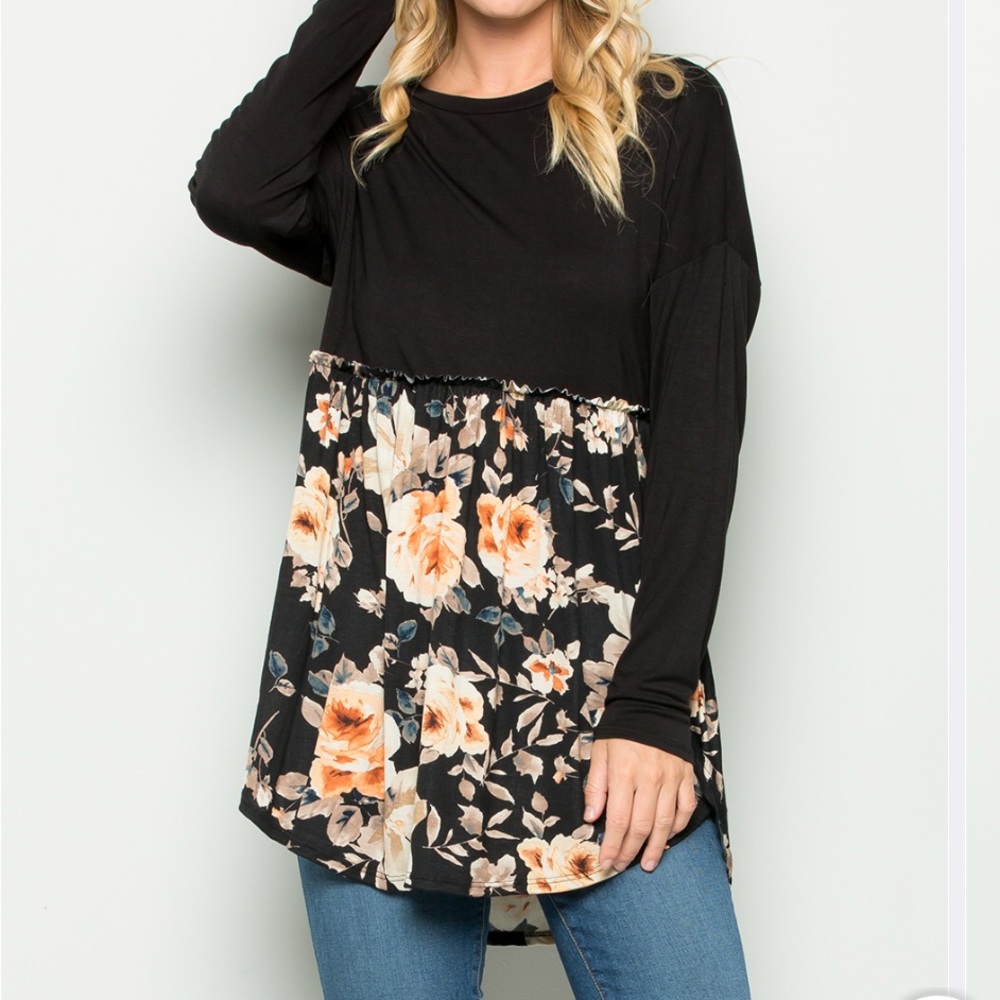 Black & Peach Floral Empire-Waist Top